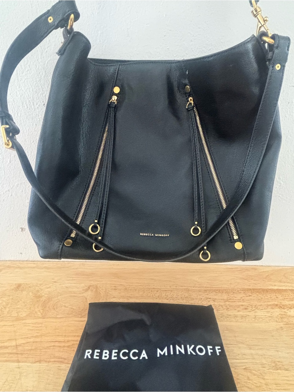 Rebecca Minkoff Black Leather Shoulder Hobo with Gold Hardware